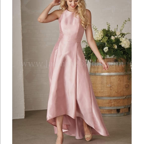JASMINE BRIDESMAIDS JB P206014 Misty Pink Satin Back Dupioni High-Low Dress prom